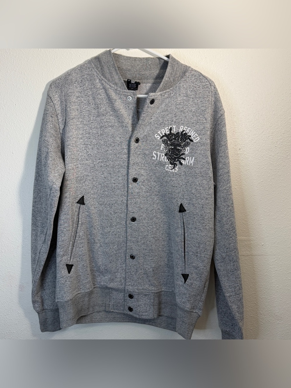 Crooks & Castles Gray Snap-Front Skull Graphic Varsity Jacket, men’s S